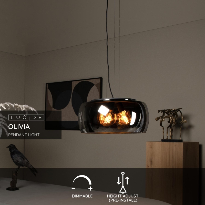 Lucide OLIVIA - Závesné svietidlo - Ø 50 cm - 3xE27 - Smoke Grey